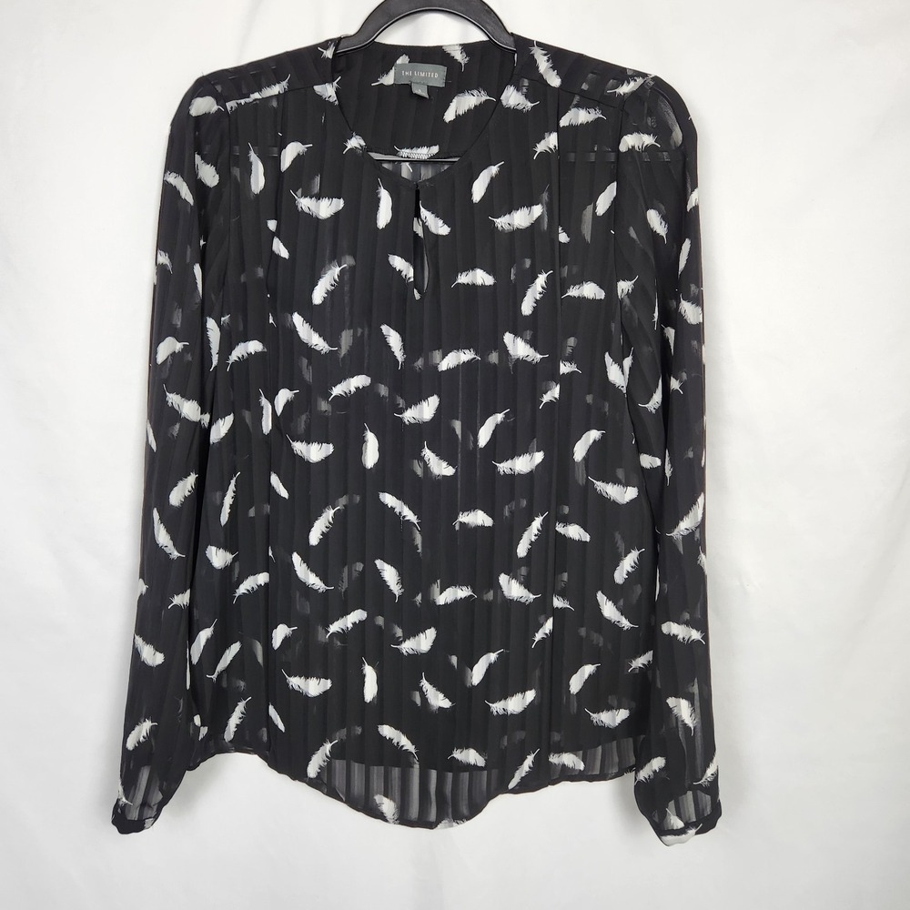 The Limited Womens Sheer‎ Long Sleeve Feather Print Top Small Black White